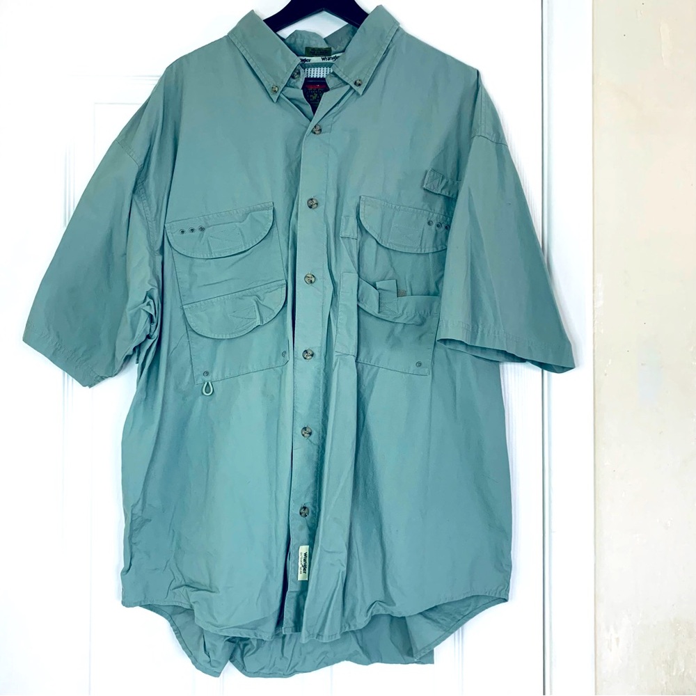 Wrangler Green 100% Cotton Short Sleeve Button-Down Fishing/Boating Shirt | XXL